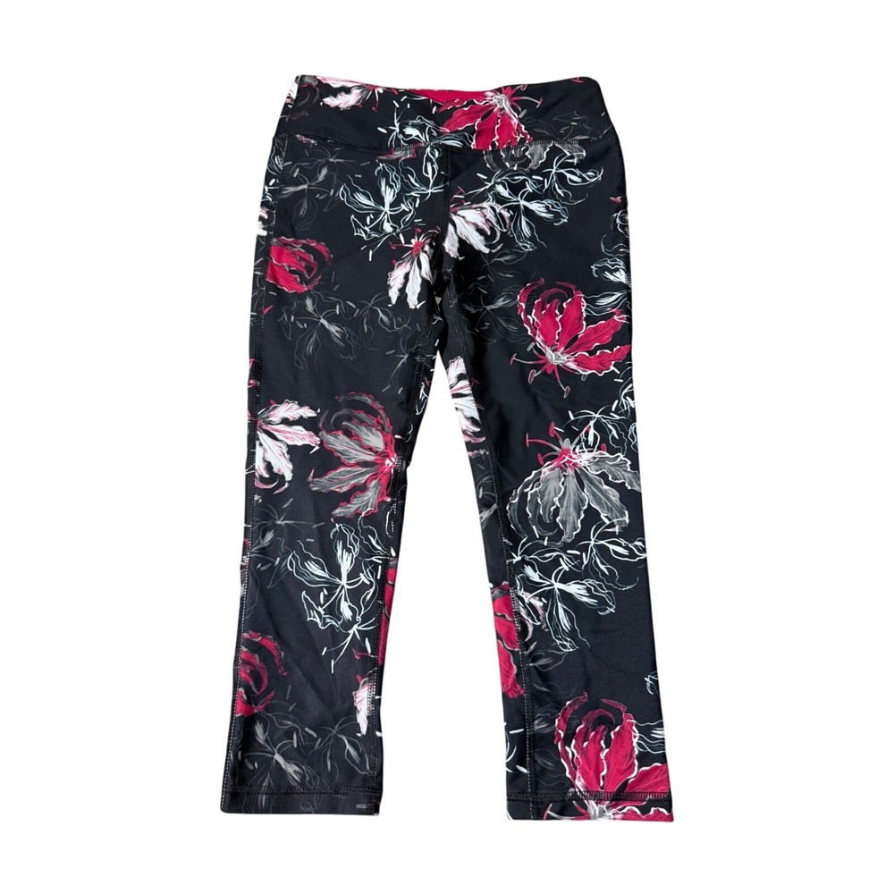 Marika Sport Floral Leggings Womens Small Black Pink Capri Athletic Yoga Pants